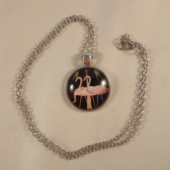 Silver Pink Flamingos Cabochon Pendant Necklace 20" Chain Women's Party Gift - Picture 4 of 4